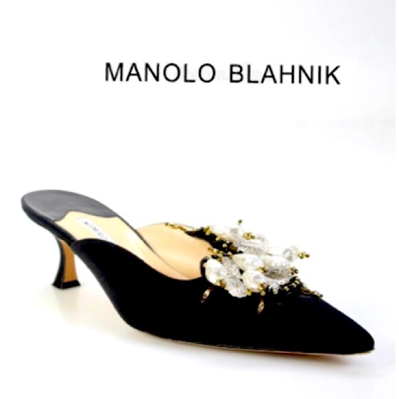 Manolo Blahnik Shoes - RARE Authentic Manolo Blahnik Vintage Navy Blue Pearl Bead Embellished Mules